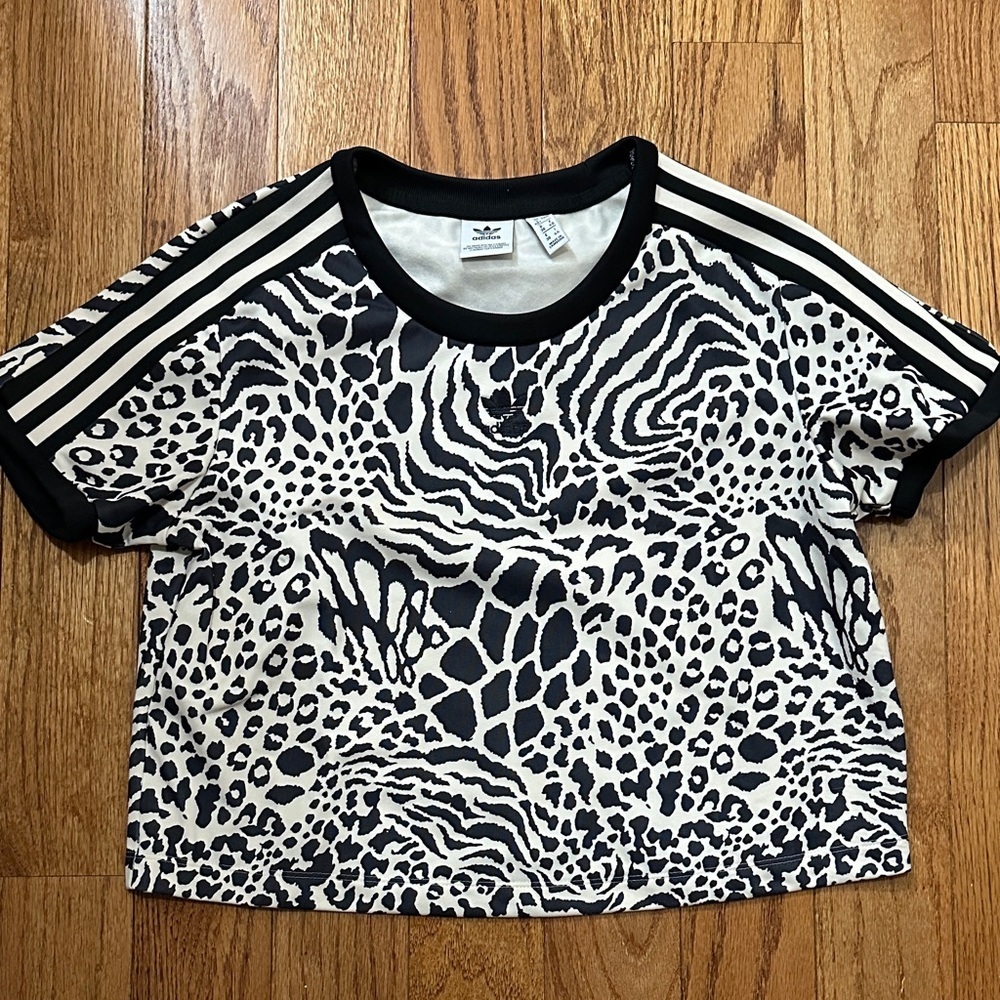 adidas Black and White Animal-Print Crop Tee